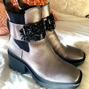 Karl Lagerfield platform boots! Chrome in color with black embroidered beads!!